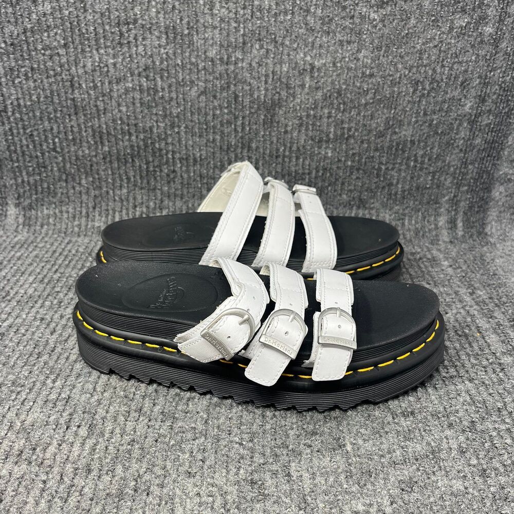 Dr. Martens White Triple-Strap Platform Sandals with Yellow Stitching